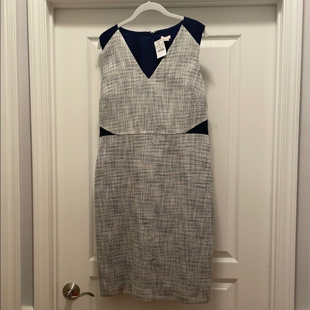 J. Crew Blue and Gray Sheath Dress V-Neck Midi‎